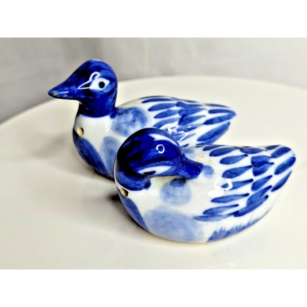 Porcelain Vintage Duck Salt and Pepper Shakers with Stoppers Blue and White